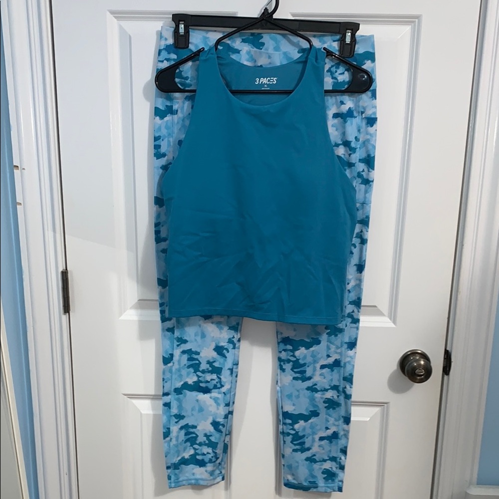 Blue Tank Top and Camouflage Leggings Set